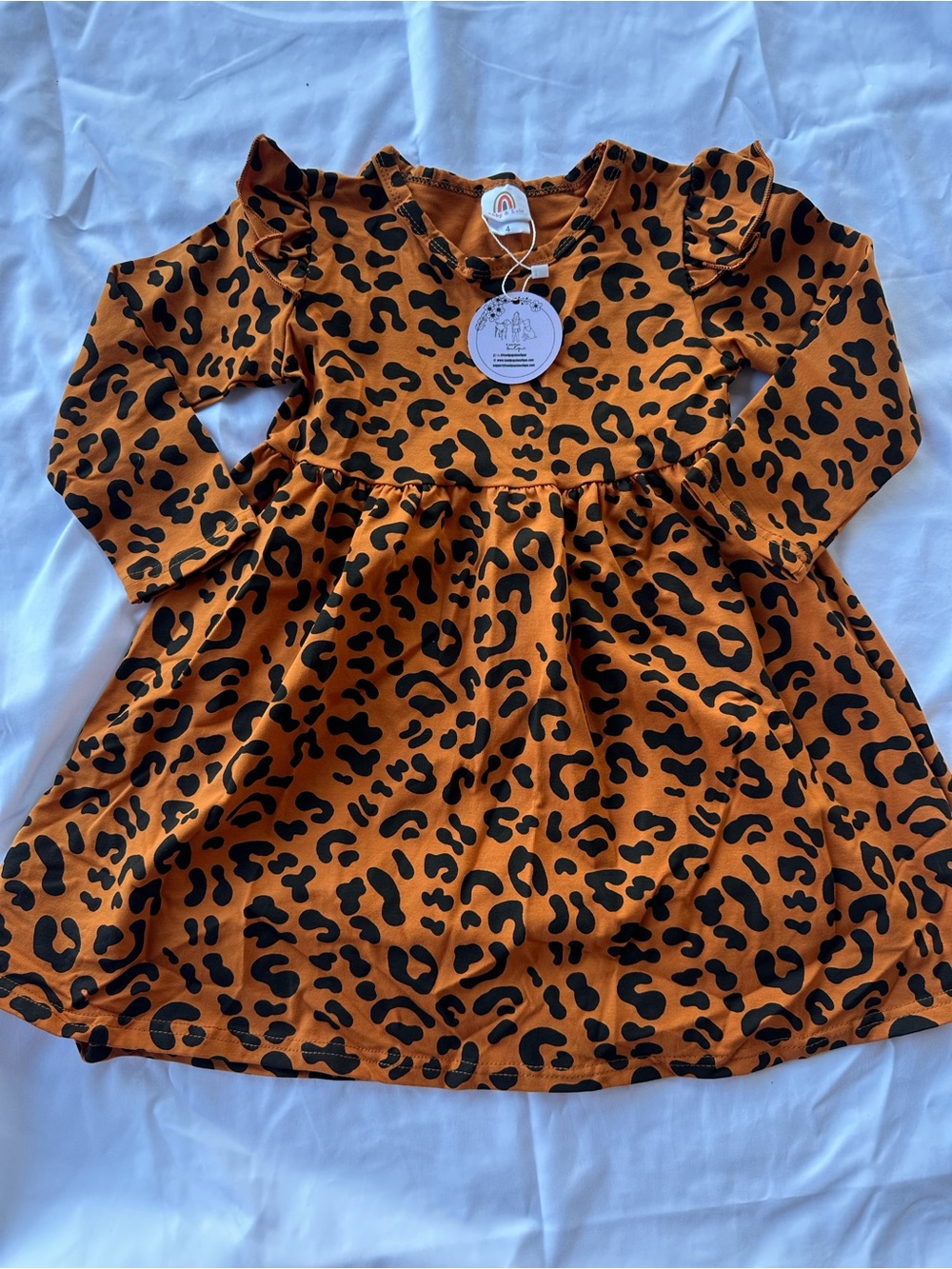 Girls Orange Leopard Print Long-Sleeve Dress